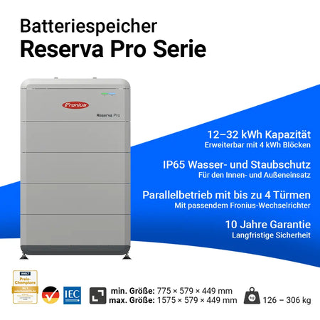 Fronius Reserva Pro Serie - 12-32 kWh Kapazität, IP65 Wasser- und Staubschutz, Parallelbetrieb mit bis zu 4 Türmen, 10 Jahre Garantie