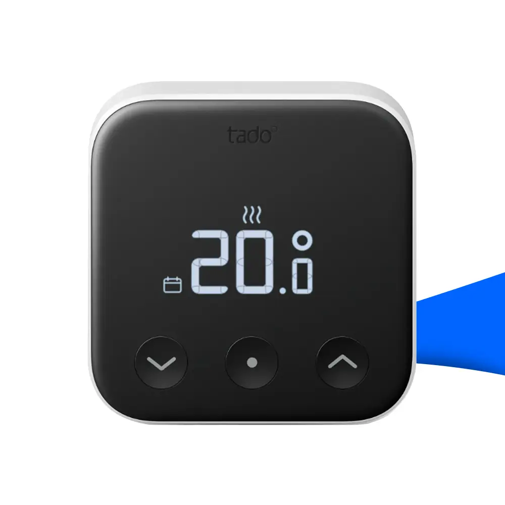 Nahaufnahme des tado° X Funk-Temperatursensors mit schwarzer Front und weißem Gehäuse. Das Display zeigt 20,0 °C an, darunter befinden sich drei Bedienknöpfe zur manuellen Temperaturregelung. Der smarte Temperatursensor für Heizkörper-Thermostate ist bei Solarhandel24 erhältlich.