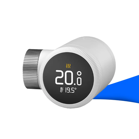 tado° X Smartes Heizkörper-Thermostat mit integriertem Akku. Das weiße, runde Thermostat zeigt auf seinem schwarzen Display eine eingestellte Temperatur von 20,0 °C und eine aktuelle Raumtemperatur von 19,5 °C an. Erhältlich bei SH24.